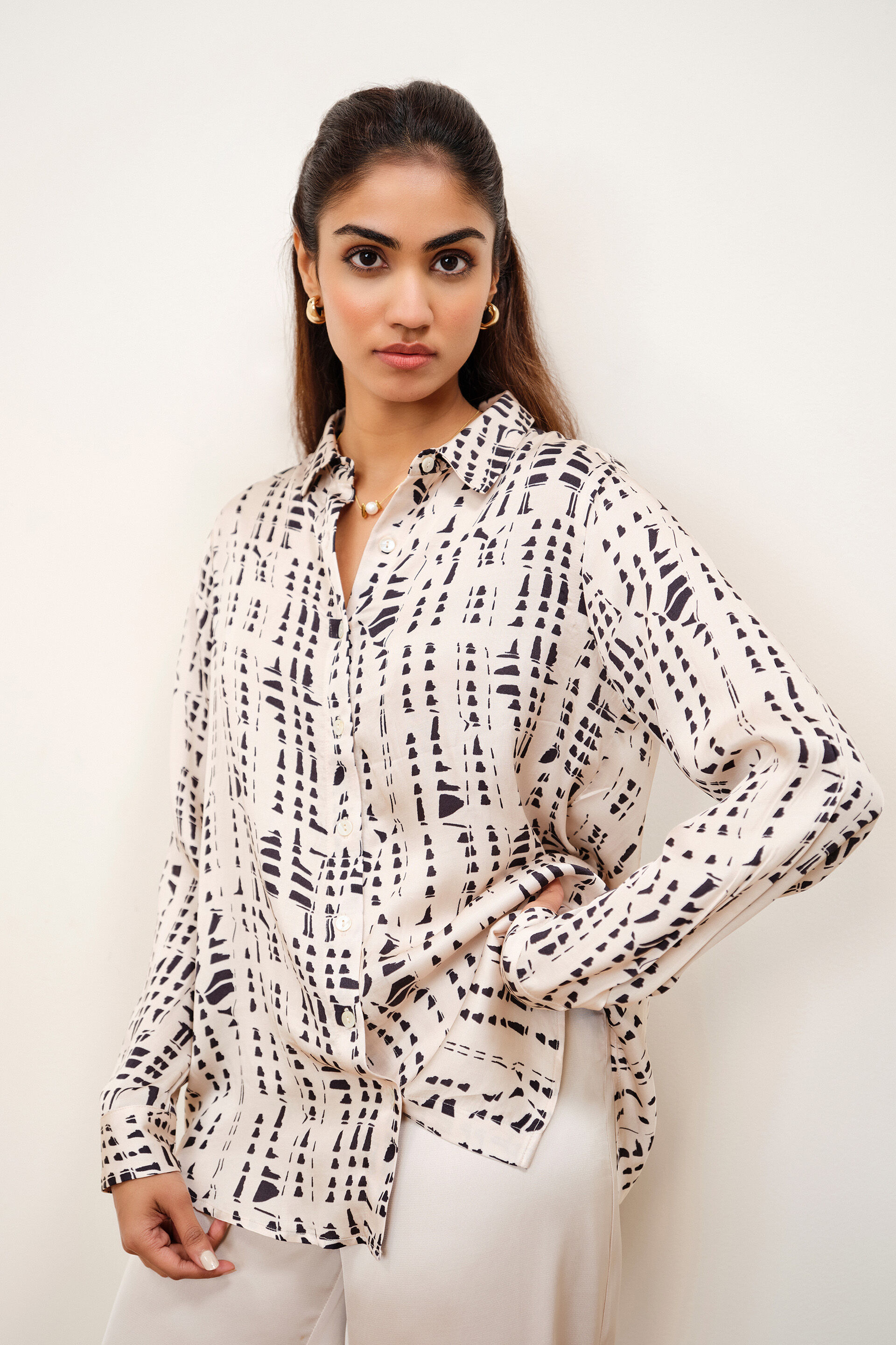 Printed Beige Modal Satin Shirt